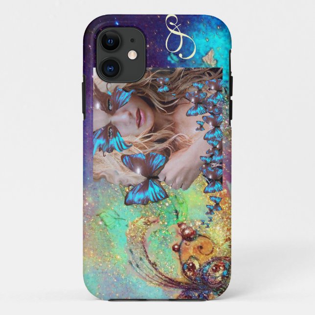 BLUE BUTTERFLY WITH GREEN GOLD SPARKLES MONOGRAM Case-Mate iPhone CASE (Back)