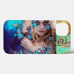 BLUE BUTTERFLY WITH GREEN GOLD SPARKLES MONOGRAM iPhone 13 CASE