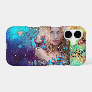 BLUE BUTTERFLY WITH GREEN GOLD SPARKLES MONOGRAM iPhone 17 CASE