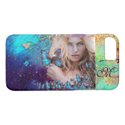 BLUE BUTTERFLY WITH GREEN GOLD SPARKLES MONOGRAM iPhone 8/7 CASE
