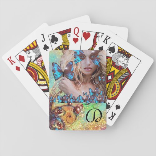BLUE BUTTERFLY WITH GREEN GOLD SPARKLES MONOGRAM POKER CARDS