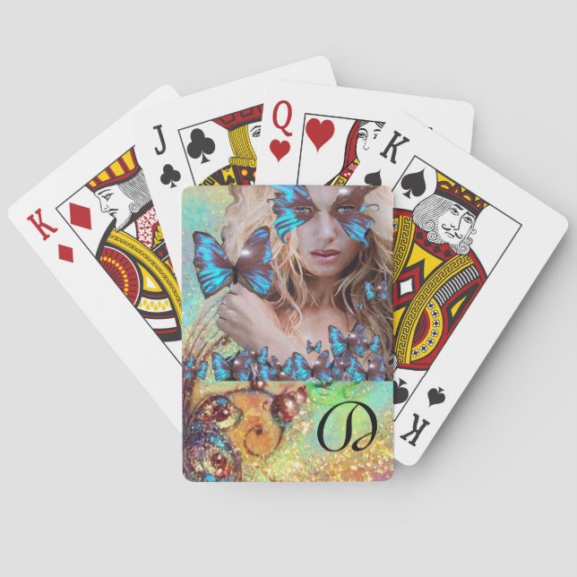 BLUE BUTTERFLY WITH GREEN GOLD SPARKLES MONOGRAM POKER CARDS (Back)