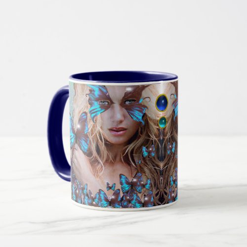 BLUE BUTTERFLY WITH GREEN GOLD SPARKLES MUG