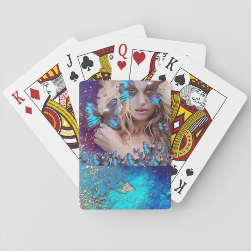 BLUE BUTTERFLY WITH GREEN GOLD SPARKLES POKER CARDS