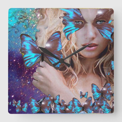 BLUE BUTTERFLY WITH GREEN GOLD SPARKLES SQUARE WALL CLOCK