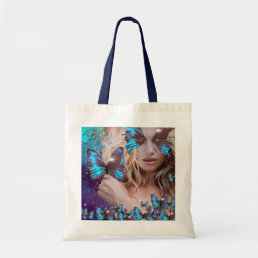 BLUE BUTTERFLY WITH GREEN GOLD SPARKLES TOTE BAG