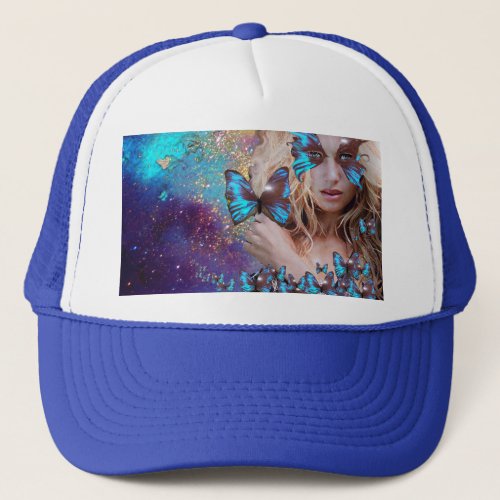 BLUE BUTTERFLY WITH GREEN GOLD SPARKLES TRUCKER HAT