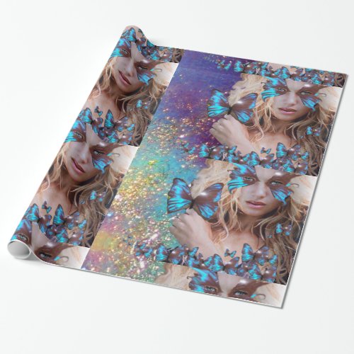 BLUE BUTTERFLY WITH GREEN GOLD SPARKLES WRAPPING PAPER