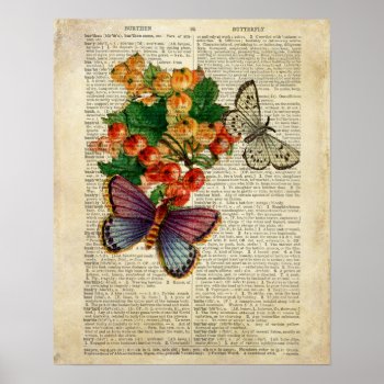 Blue Butterfly With Red Flowers Vintage Art Poster by terrymcclaryart at Zazzle