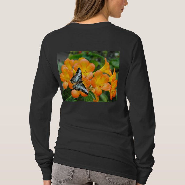 Blue butterfly with Tropical Rhododendron T-Shirt (Back)