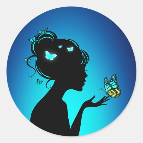 Blue Butterfly Woman Round Sticker