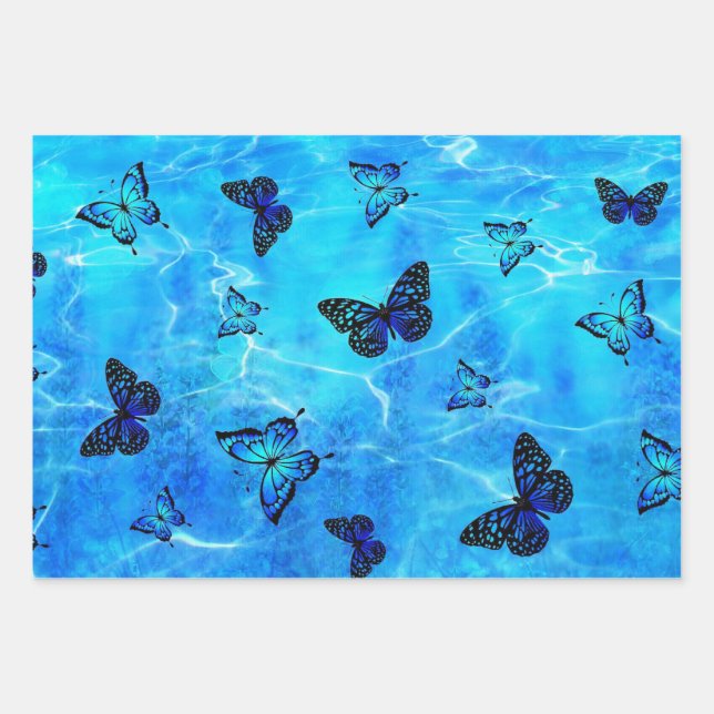 Blue Butterfly Wrapping Paper Sheets (Front)