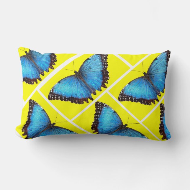 Blue Butterfly Yellow Background Lumbar Pillow (Front)
