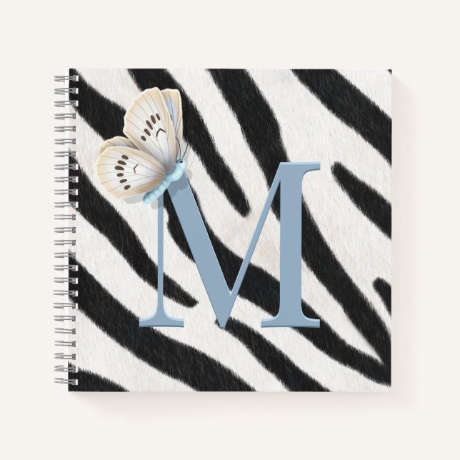 Blue Butterfly & Zebra Fur Blue Monogram Custom Notebook (Front)