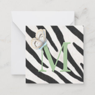 Blue Butterfly & Zebra Fur Green Monogram Custom Note Card