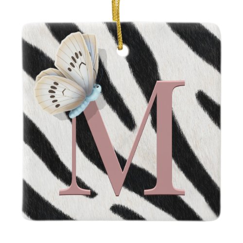 Blue Butterfly &amp; Zebra Fur Rose Monogram Custom Ceramic Ornament
