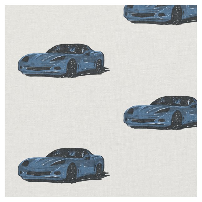 Blue C6 Corvette Hand Drawn Sketch Fabric (Close Up)