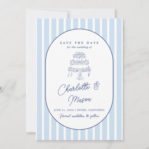 Blue Cabana Stripe Minimalist Save the Date Invitation