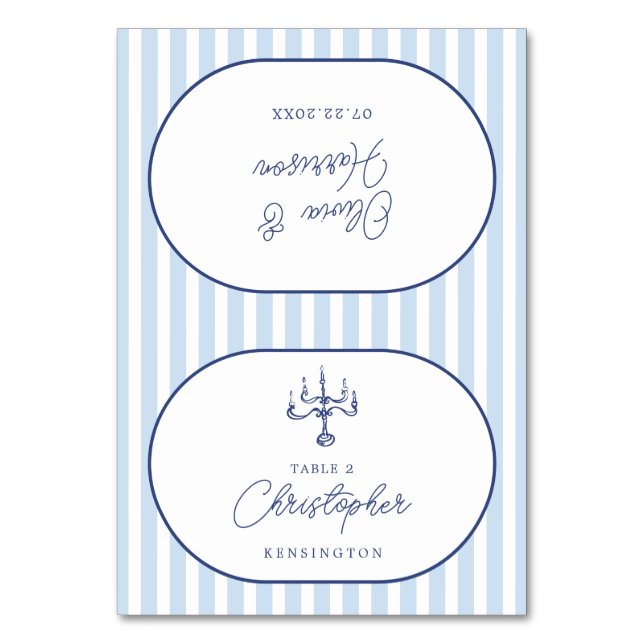 Blue Cabana Stripe Minimalist Wedding Place Card (Front)