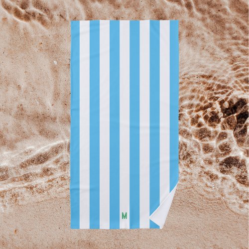 Blue Cabana Stripe  Personalized Green Monogram Beach Towel