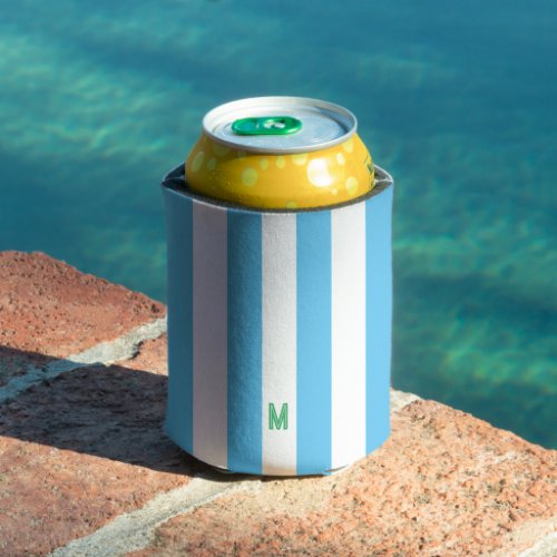 Blue Cabana Stripe  Personalized Green Monogram Can Cooler