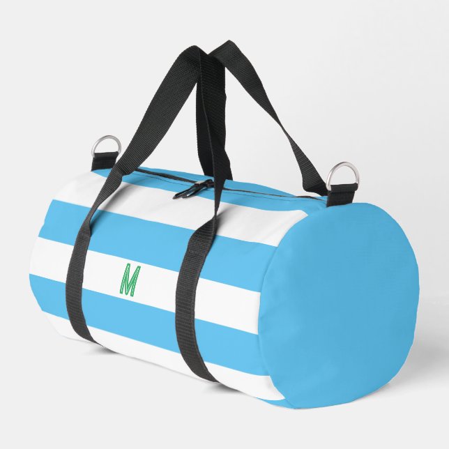 Blue Cabana Stripe & Personalized Green Monogram Duffle Bag (Left Corner)