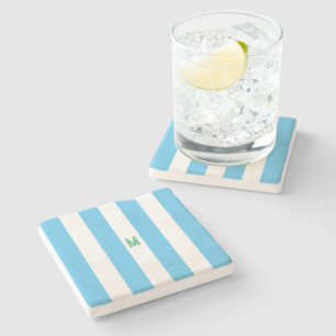 Blue Cabana Stripe & Personalized Green Monogram Stone Coaster