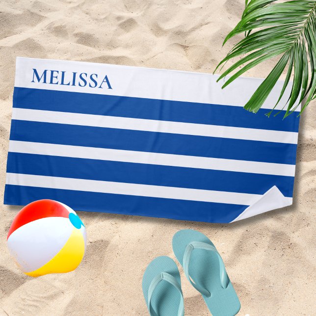 Blue Cabana Stripe Personalized Summer Vacation Beach Towel (Creator Uploaded)