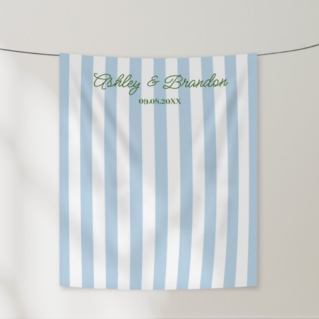 Blue Cabana Stripe Personalized Wedding Tapestry (Creator Uploaded)