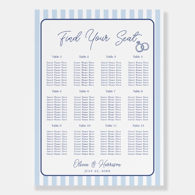 Blue Cabana Stripe Wedding Seating Chart Foam Board (Front)