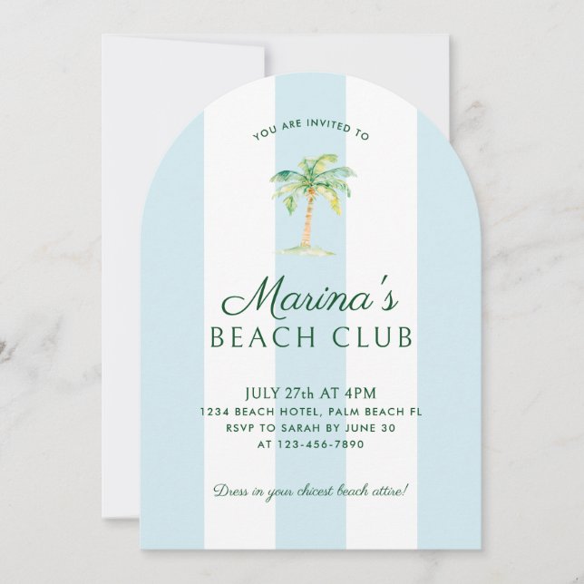 Blue Cabana Stripes Palm Beach Club Birthday Arch Invitation (Front)