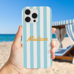 Blue Cabana Stripes Retro Monogram iPhone 16 Pro Max Case