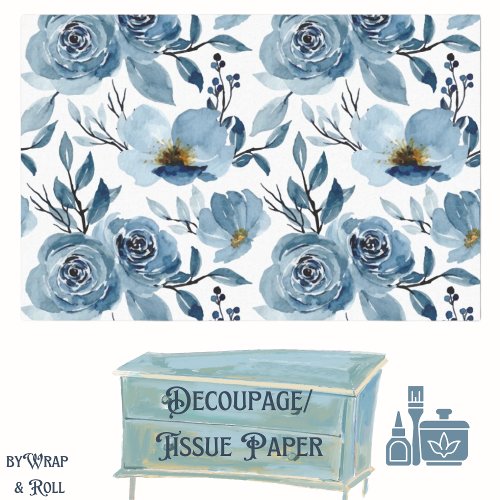 Blue Cabbage Roses Decoupage  Tissue Paper