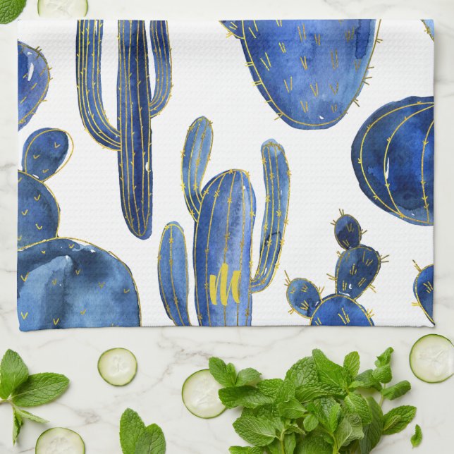 Blue Cactus Art Desert Chic Gold INITIAL Fun Kitchen Towel (Folded)
