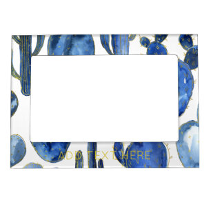 Blue Cactus Art Desert Chic Gold Text Travel Fun Magnetic Frame