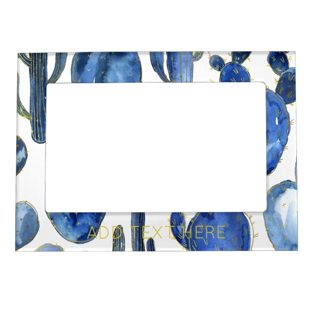 Blue Cactus Art Desert Chic Gold Text Travel Fun Magnetic Frame (Front)
