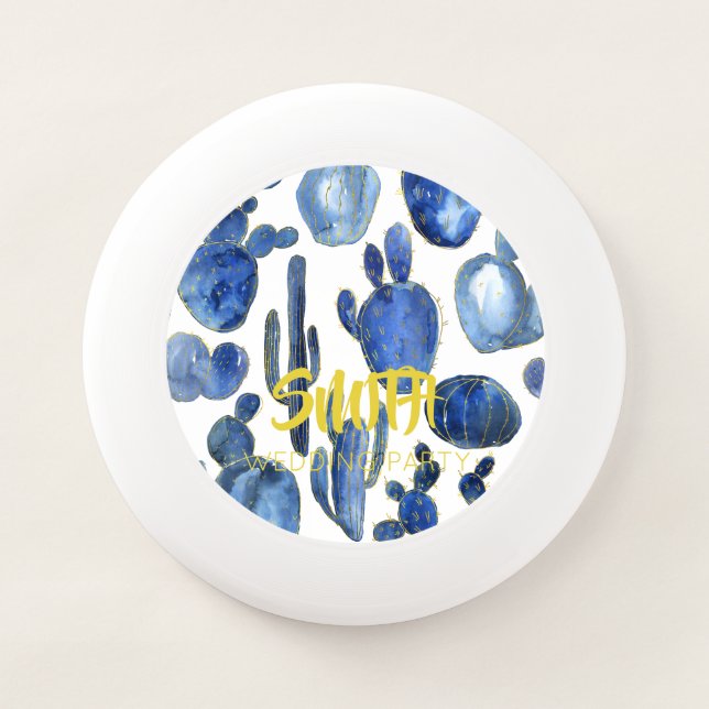 Blue Cactus Art Desert Chic Gold Wedding Party Fun Wham-O Frisbee (Front)