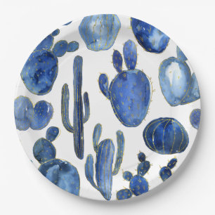Blue Cactus Desert Art Gold Travel Southwest Fun Paper Plates