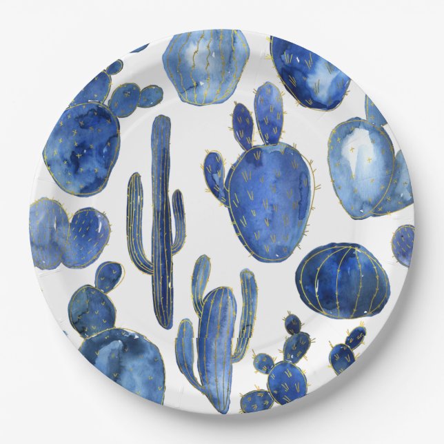 Blue Cactus Desert Art Gold Travel Southwest Fun Paper Plates (Front)