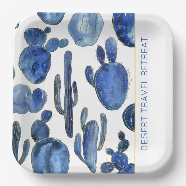 Blue Cactus Desert Chic Gold EVENT NAME Artisan Paper Plates (Front)