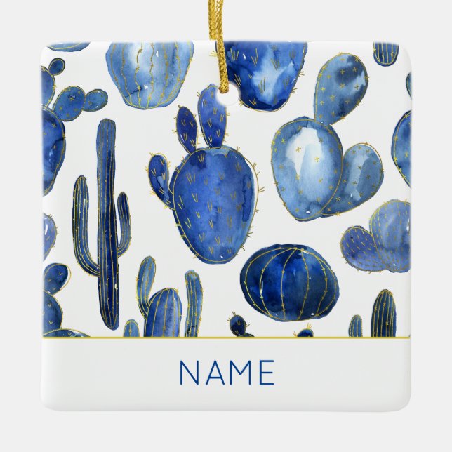 Blue Cactus Gold Desert Chic NAME Travel Fun Ceramic Ornament (Front)