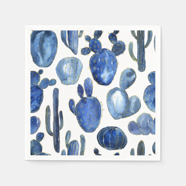 Blue Cactus Gold Desert Chic Travel Southwest Fun Napkins (Front)