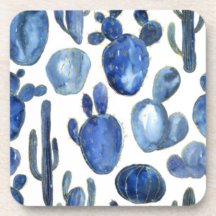 Blue Cactus Gold Desert Travel Chic Beverage Coaster