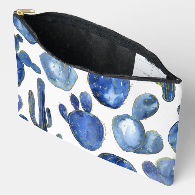 Blue Cactus Gold White Desert Travel Fun Accessory Pouch (Open)