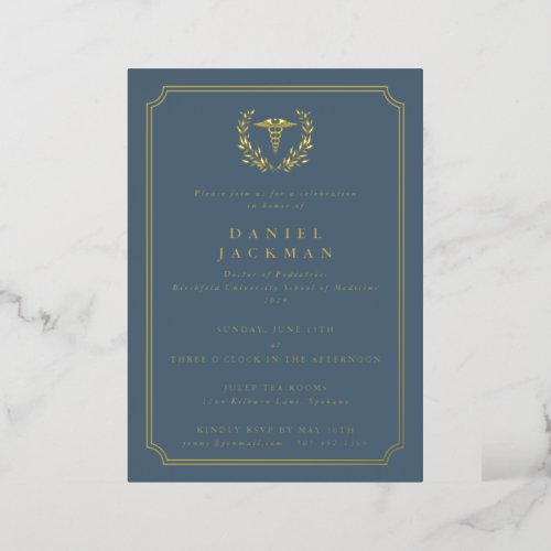 Blue CaduceusLaurel Medical School Graduation Foil Invitation