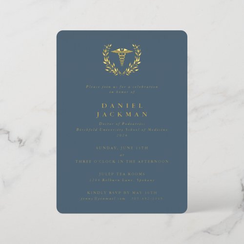 Blue Caduceus  Laurel Medical School Graduation Foil Invitation