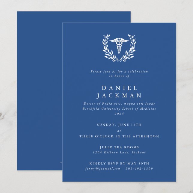 Blue Caduceus+Laurel Medical School Graduation Invitation (Front/Back)
