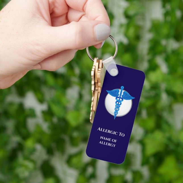 Blue caduceus medical allergy alert editable keychain (Hand)