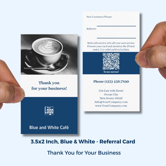 Blue Café Custom Image Thank You Referral Card (Blue Café Custom Image Thank You Referral Card; Size: 3.5x2 Inch, Portrait Format)