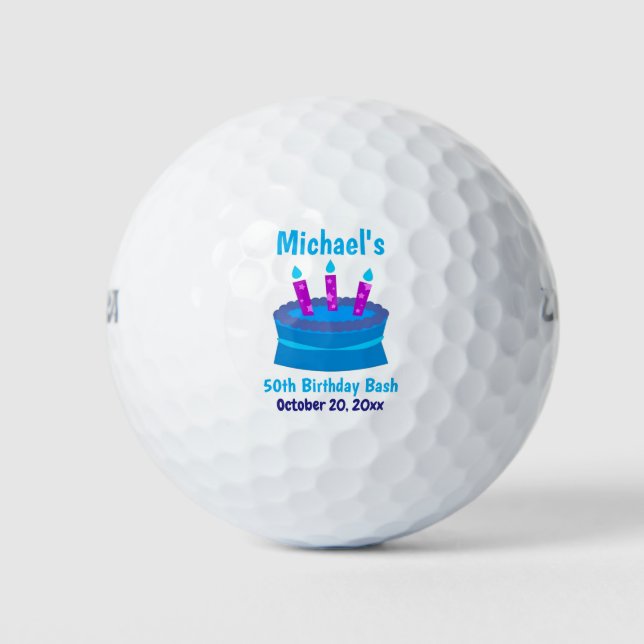 Blue Cake 50th Birthday Party Favor Golf Balls (Front)
